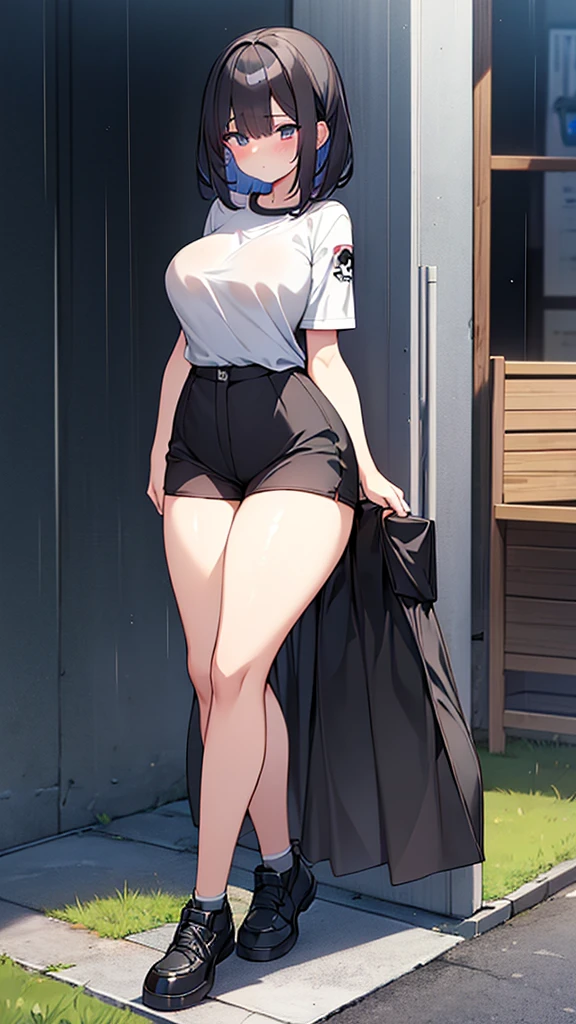 Full body image, front, One girl, 18-year-old, Mix 4, (32K, RAW Photos, Highest quality, masterpiece:1.2), (Anime-like, photoAnime-like:1.37), cute, Short sleeve T-shirt,Shorts,Black knee socks, night, rain, Humidity, Professional Lighting, Photon Mapping, Radio City, Physically Based Rendering, Super Resolution, (Big Breasts:1.2), {{The biological weapon that had preyed on the younger sister took her place and reunited with the older brother, The rebellious little sister has become the obedient little sister}}, Girl Skull, whole body, NSFW