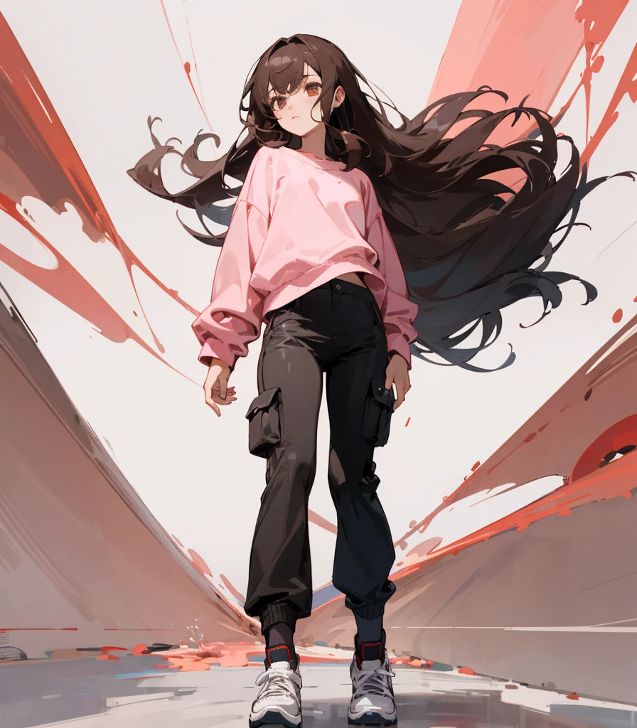 high resolution, good quality, a girl, your eyes are red, she wears a light pink sweatshirt, She wears black cargo pants, she has long straight brown hair, wear black sneakers, Background is a medieval town