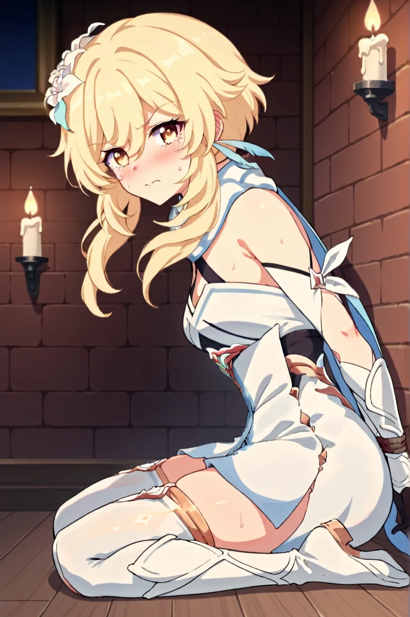 nsfw, score_9, score_8_up, score_7_up, indoors, in a basement, brick wall, at night, candles, highly detailed, source_anime, correct limbs, highres image, masterpiece, perfect eyes, perfect face, source_anime, from side, 1girl, lumine, lumine (genshin impact), blonde hair, hair ornament, white thighhighs, gloves, dress ,hair between eyes, bare shoulders, yellow eyes, flower, sidelocks, detached sleeves ,hair flower, scarf, white dress, thigh boots, white flower, short hair with long locks, white scarf, feather hair ornament, no shoes, defeated, captured, captive, slave, angry looking, damsel in distress, digust face, tears, embarrassed, looking at viewer, sitting, legs together, restrained, shibari over clothes, bdsm, bound, sweat, arms behind back, bound arms, bound wrists, bdsm, body full bound, 