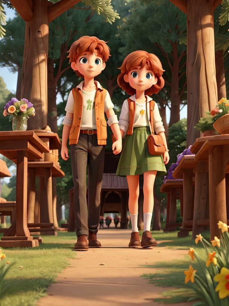 A girl walking with a boy ,The girl has reddish hair and light green eyes , the boy brown hair and amber eyes,the place around them is beautiful, hay sauces,Firs,pine trees along the way,gesture of an upholstered candle holder full of violets,daffodils and roses