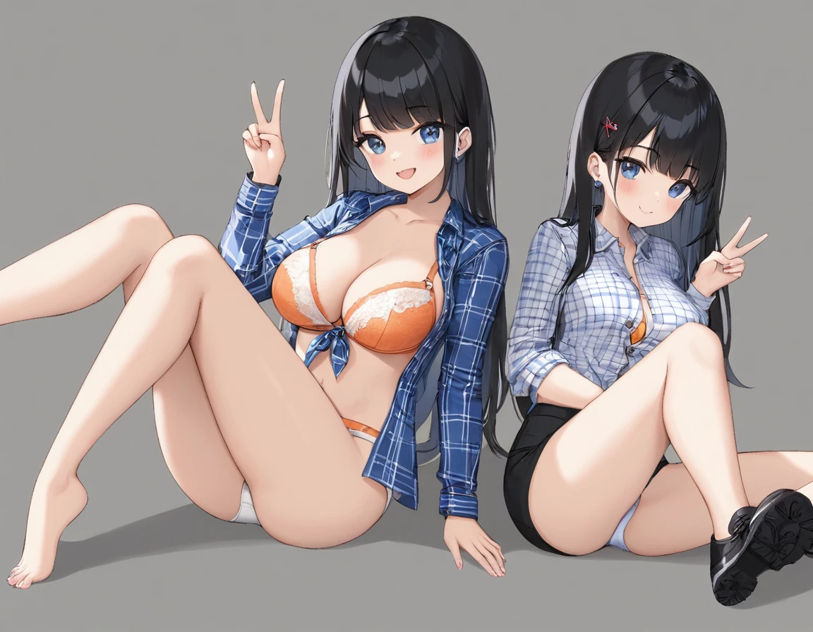 Girl with long black hair、(His blue and white checked shirt is unbuttoned、A glimpse of the orange bra)、(Blue it with your legs spread in an M shape、Showing off her cute white underwear)、(barefoot、cute leather shoes)、Short, big breasts, slender、Sisters give a double peace sign