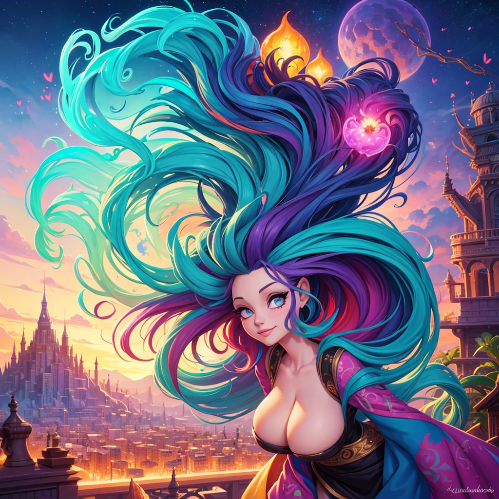 a painting of gigantic woman's head with face of Winona Ryder morphed with Angelina Jolie with colorful hair in a shape of tree and lianas, a neck growing out of the ground, dalightful smile, a city skyline, hot air balloons, flying bulbs and plant trees in the air, beeple and jeremiah ketner, dan mumford tom bagshaw, colorfull digital fantasy art, inspired by Cyril Rolando, inspiring digital art, colorful digital painting, paint splashes, paint driping, gorgeous digital art, beautiful art uhd 4 k, stunning digital illustration, vibrant digital painting, stylized digital art