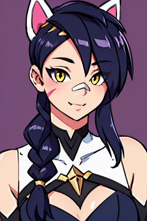 Erisa, 1girl, solo, long hair, looking at viewer, black hair, bandaid on face, yellow eyes, animal ears, smile, bandaid on nose, braid, cat ears, bandaid, bangs, breasts, fake animal ears, bedroom background, fang, bare shoulders, scar, bare shoulders, closed mouth, hair over one eye, portrait, hair over shoulder, legs, lingerie, bedroom, seductive, realistic, highly detailed face, detailed eyes, best quality, masterpiece, ultra detail, ultra high res, extreme detail, 8k, uhd