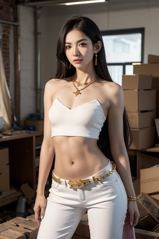 1girl, solo, mature woman, standing, arms crossed, black top, navel, bare shoulders, colored skin:1.1, pink skin:1.2, long hair, white hair, golden belt, baggy white pants, smooth tail, pointy ears, red eyes, black sclara, gold bracers, gold necklace, large hoop earnings,detailed background, lab, science equipment, destroyed lab, rubble,