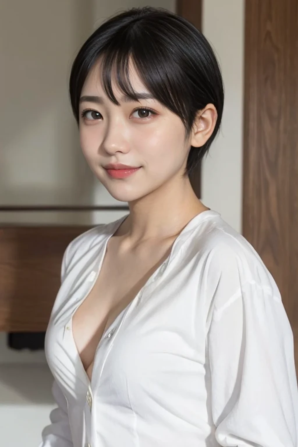 (white dress shirt, naked shirt, cleavage, open shirts, jeans:1.3), (small breasts, election of nipples:1.3), (natural lighting:1.3), 8k, RAW photo, best quality, masterpiece, realistic, photo-realistic, clear, beautiful face, no makeup, best quality, ultra high res, BREAK, Japanese cute girl, , (short cut hair:1.2), smile, standing, BREAK, (black eyes, black hair:1.2)