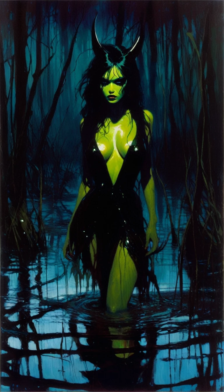 reflections, horror, breakage, sadness, loneliness, a sexy monster girl in the dark swamp (art inspired by Bill Sienkiewicz). oil painting)