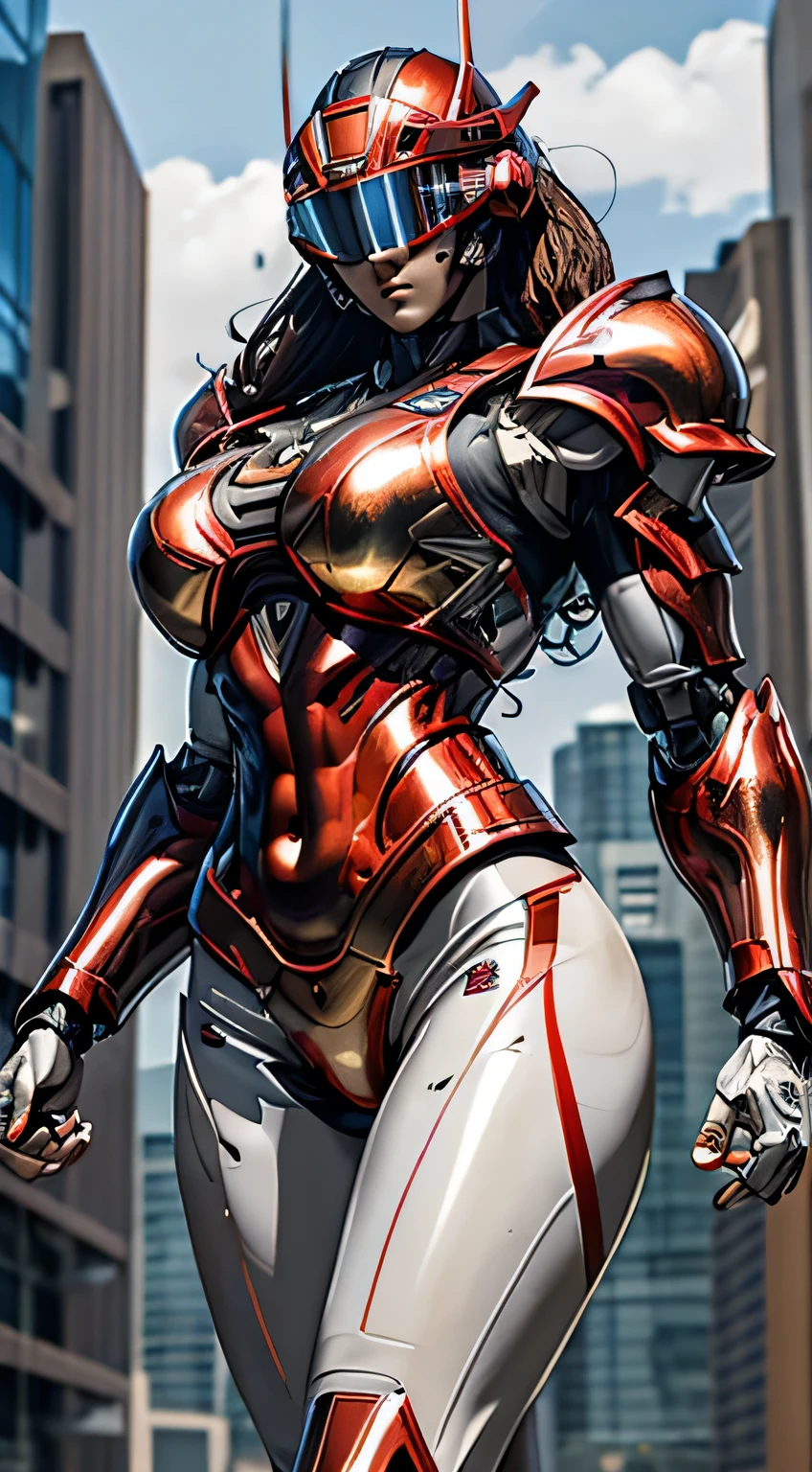 Female Robocop Solo、Bright outdoors、strong light source、8k, high quality, masterpiece, 最high quality, Crisp contrast、Very detailed、Full body armor、Very large armor、Helmet covering the head、Clear photos、The eyes are hidden by thin, translucent straight goggles.:1.3、The lower half of the face is raw々Shii:1.5、The lower half of the face is exposed、Seductive lips、Vivid red metallic armor、Cream-colored accents、Armor that completely covers the chest、Long, slender legs、Vibrant Posselo Body View,Big and ample breasts:1.5, (Sports Body:1.5)、Five Fingers、Hold a handgun、In the city