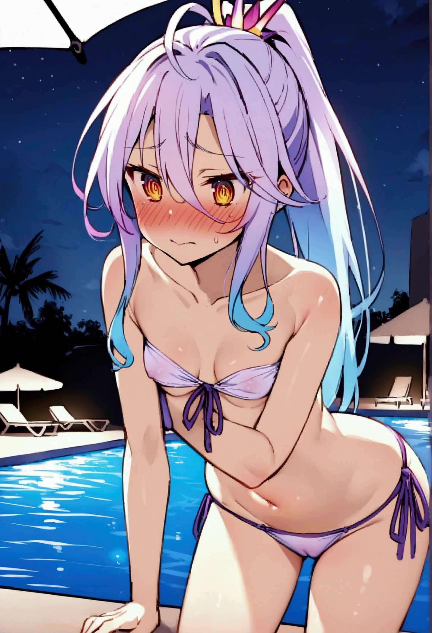 NSFW,masterpiece,Highest quality,High resolution,Very detailed,white\(no game No life\),Small breasts,ponytail,Bandeau Bikini Top,Tie side bikini bottom,Pool at night,Beach parasol,Embarrassed,blush,Sexy pose,Nampa