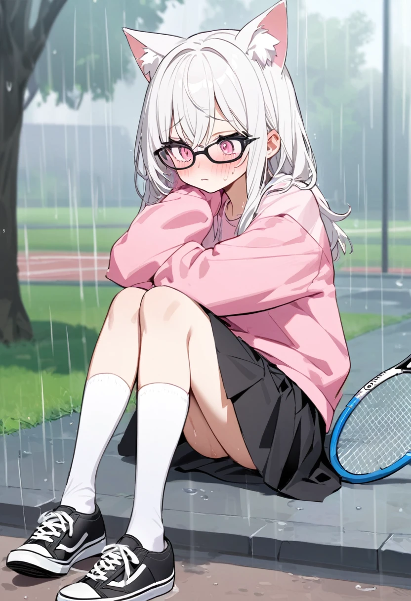 that she is in a park on a rainy day and that she is wet that she has a shy face that she has white hair some cat ears some black glasses pink eyes a super blushing big pink sweatshirt a black skirt some white socks some black Vans tennis shoes and she is a super reserved girl