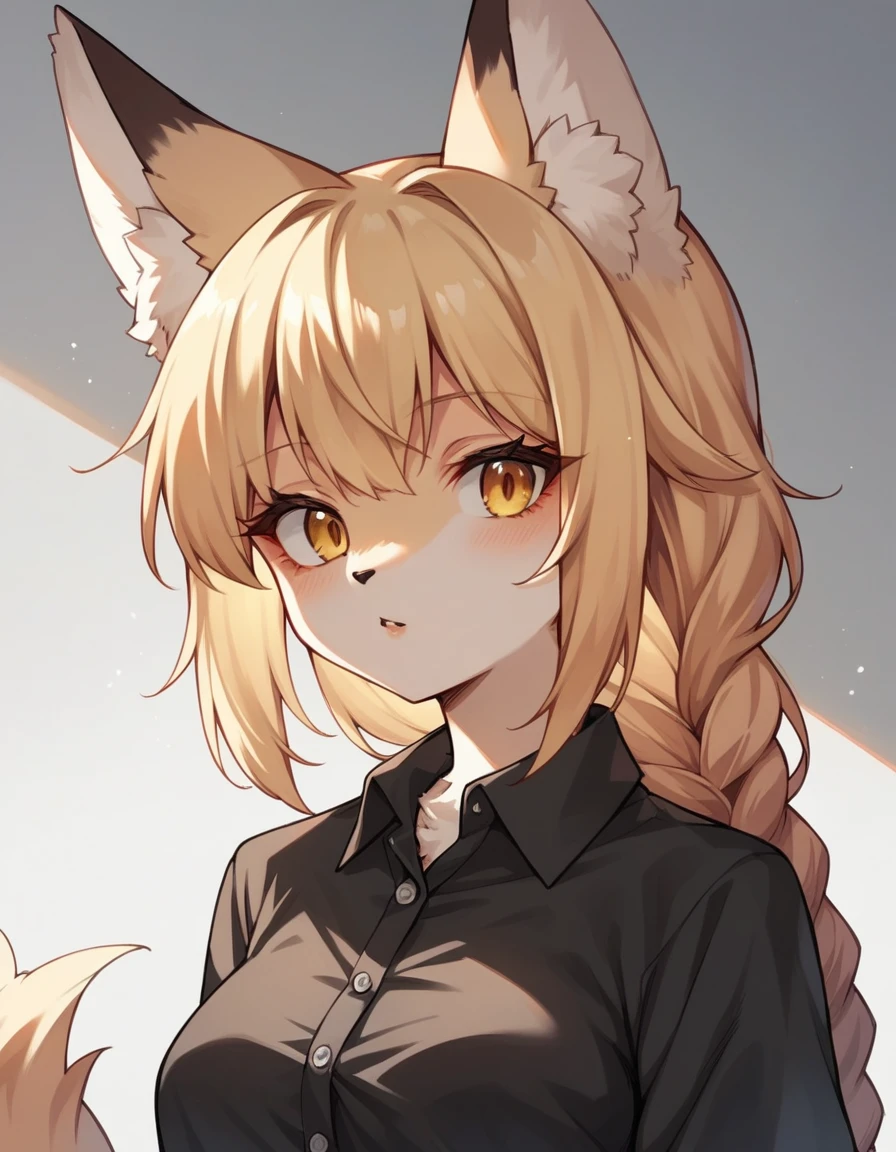score_9,score_8_up,score_7_up, source_furry, kemono style, Kimiko, yellow anthro fox girl, long blonde hair, single braided hair, yellow eyes, , wearing white button up shirt, black shirt