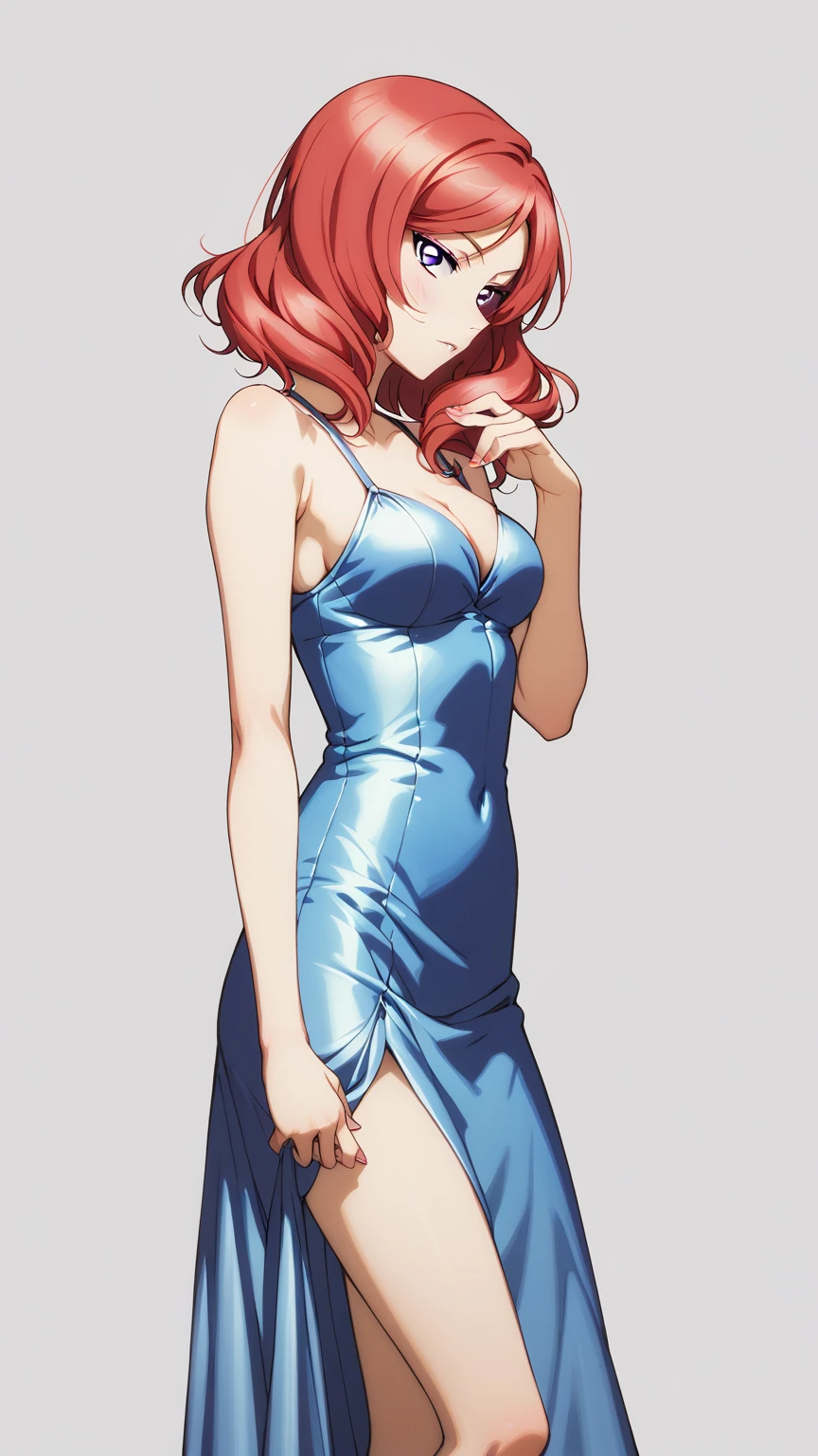 masterpiece, best quality,solo,nishikino maki,red hair, purple eyes,form-fitting light blue dress , simple background , medium breasts 