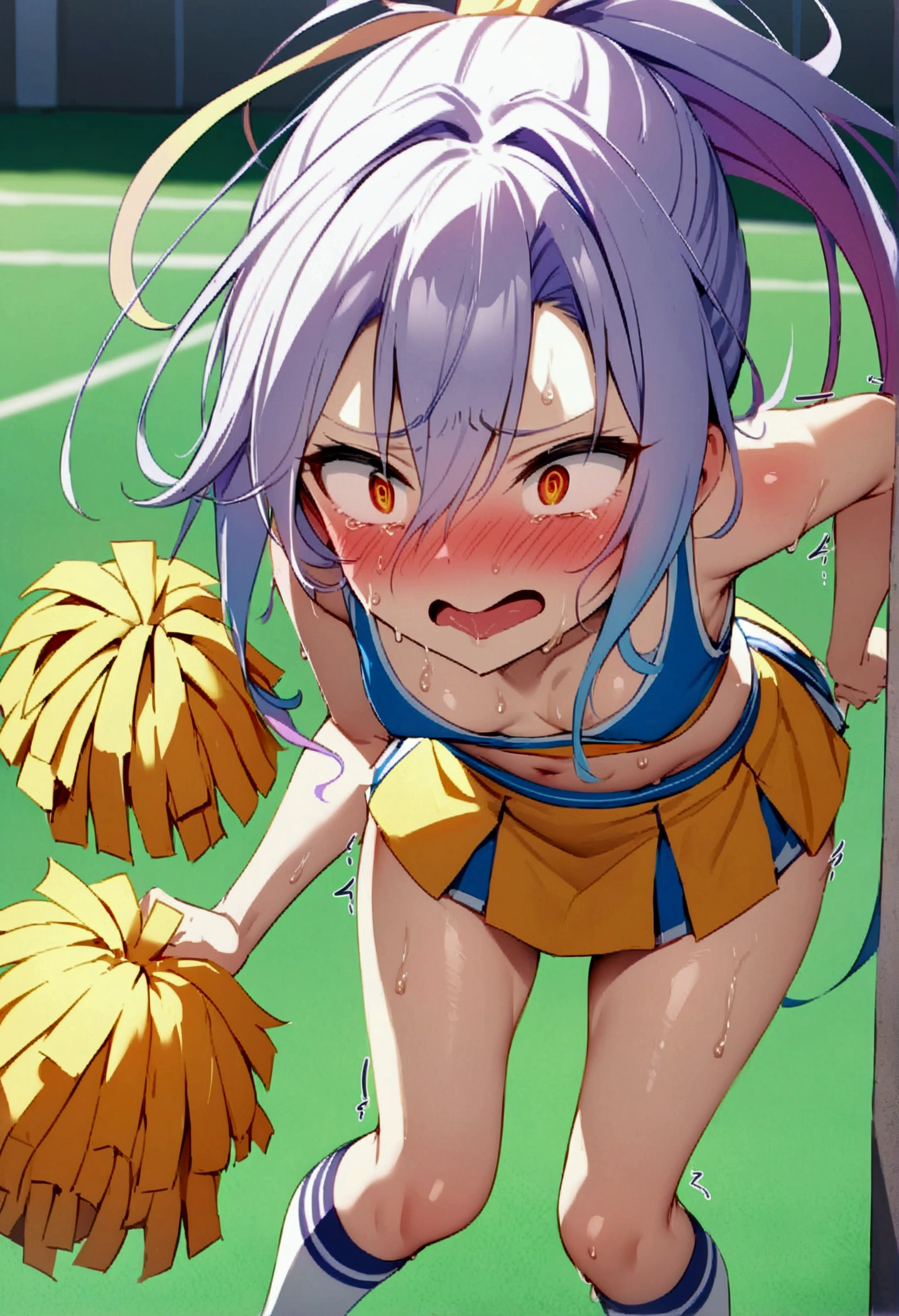 NSFW,masterpiece,Highest quality,High resolution,Very detailed,white\(no game No life\),Small breasts,ponytail,(Cheerleader),Tank top,Crop top,mini skirt,Knee-high socks,sports boots,School,Ground,Frustrated face,blush,Sweat,sexual excitement,(Ecstasy face),(Squirting),Trembling