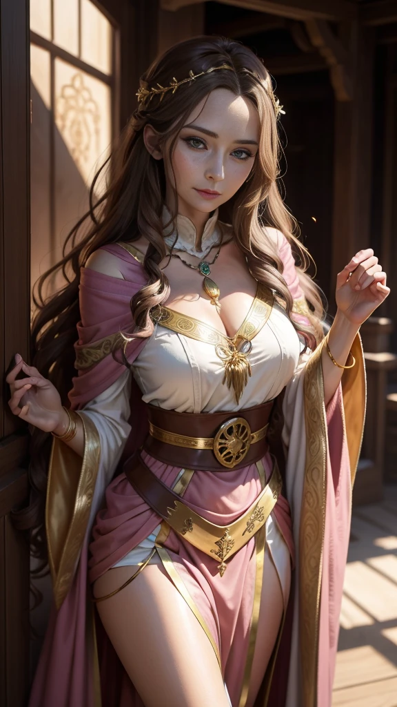 medieval fantasy, priestess in her late 40s, warm and welcoming presence, long wavy ((brown hairs)), pink and gold (ribbons), gentle green eyes, fair skin bears the soft lines of age and wisdom, flowing pink and gold robes, gold pendant, in a temple