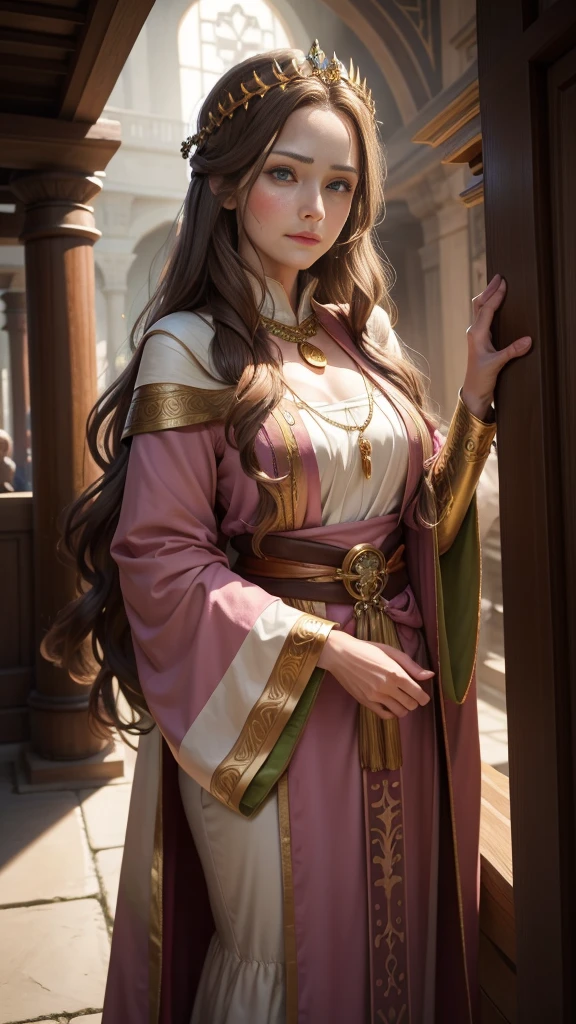 medieval fantasy, priestess in her late 40s, warm and welcoming presence, long wavy ((brown hairs)), pink and gold (ribbons), gentle green eyes, fair skin bears the soft lines of age and wisdom, flowing pink and gold robes, gold pendant, in a temple