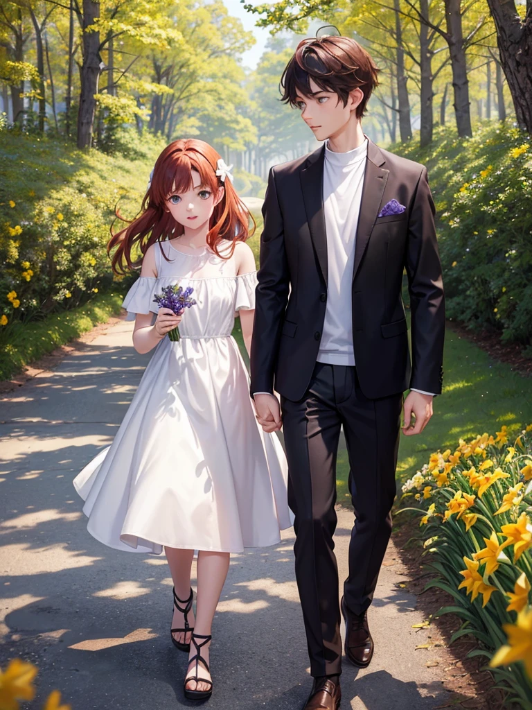 A girl walking with a boy ,The girl has reddish hair and light green eyes , the boy brown hair and amber eyes,the place around them is beautiful, hay sauces,Firs,pine trees along the way,gesture of an upholstered candle holder full of violets,daffodils and roses 