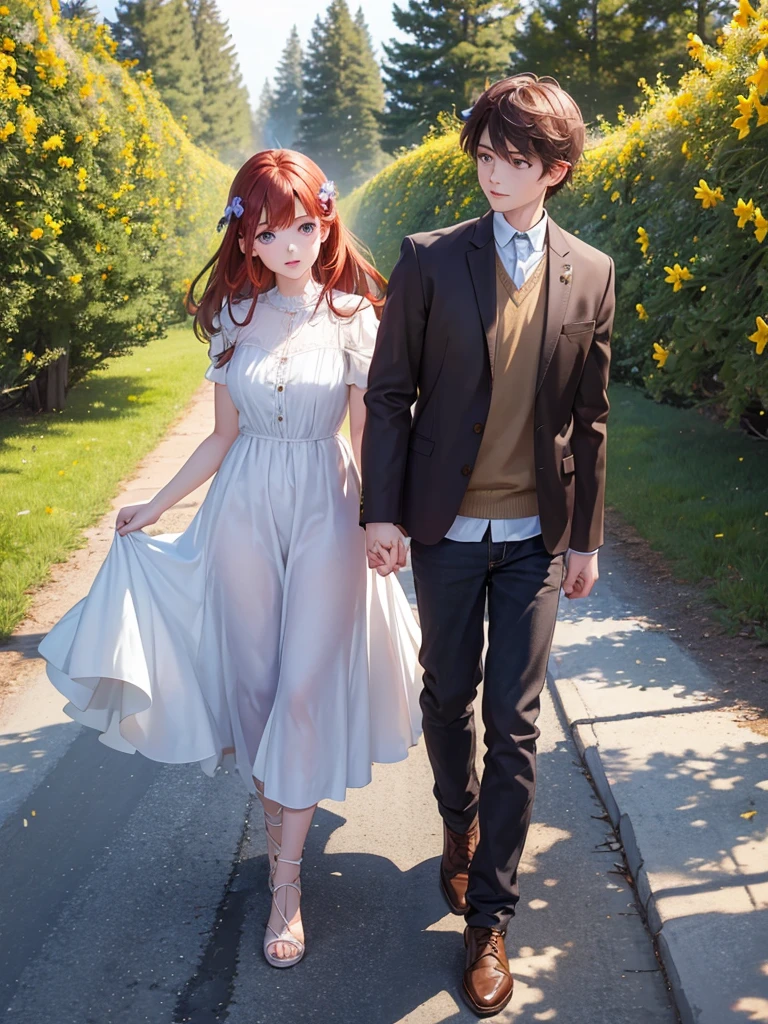 A girl walking with a boy ,The girl has reddish hair and light green eyes , the boy brown hair and amber eyes,the place around them is beautiful, hay sauces,Firs,pine trees along the way,gesture of an upholstered candle holder full of violets,daffodils and roses