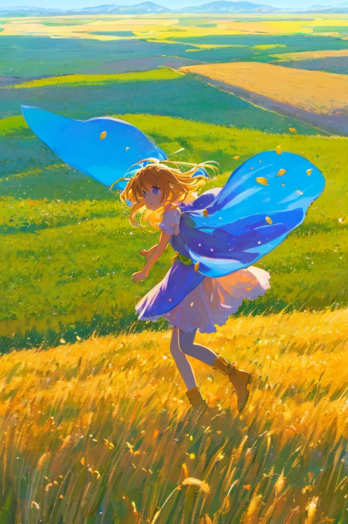 Fresh painting style,Full Body Angle:1.5,In the wheat field,girl with,Keep hands away from sunlight,Bright sky,Looking Up,Anime characters,ultra - detailed,Highly realistic,tmasterpiece,8K,hyper HD,