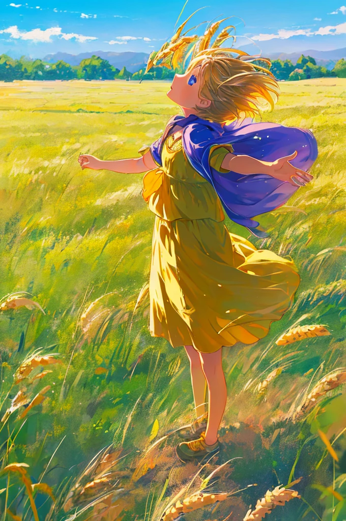 Fresh painting style,Full Body Angle:1.5,In the wheat field,girl with,Keep hands away from sunlight,Bright sky,Looking Up,Anime characters,ultra - detailed,Highly realistic,tmasterpiece,8K,hyper HD,