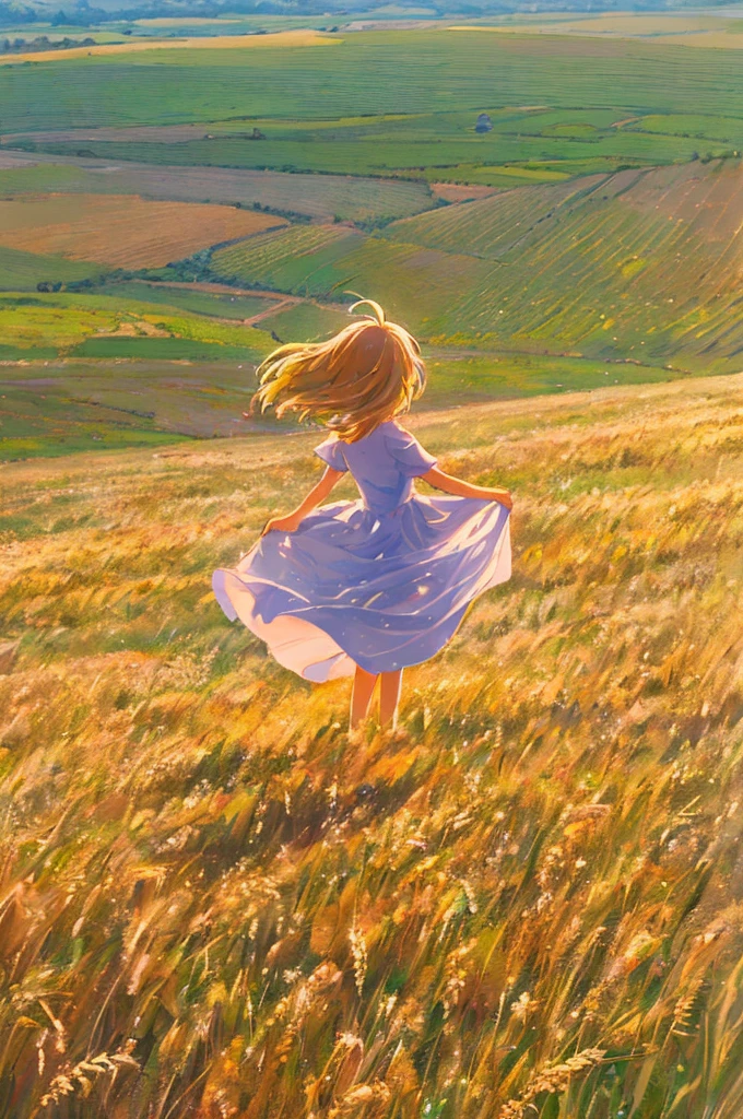 Fresh painting style，Full Body Angle:1.5,In the wheat field，girl with，Keep hands away from sunlight，Bright sky，Looking Up，Anime characters，ultra - detailed，Highly realistic，tmasterpiece，8K，hyper HD，