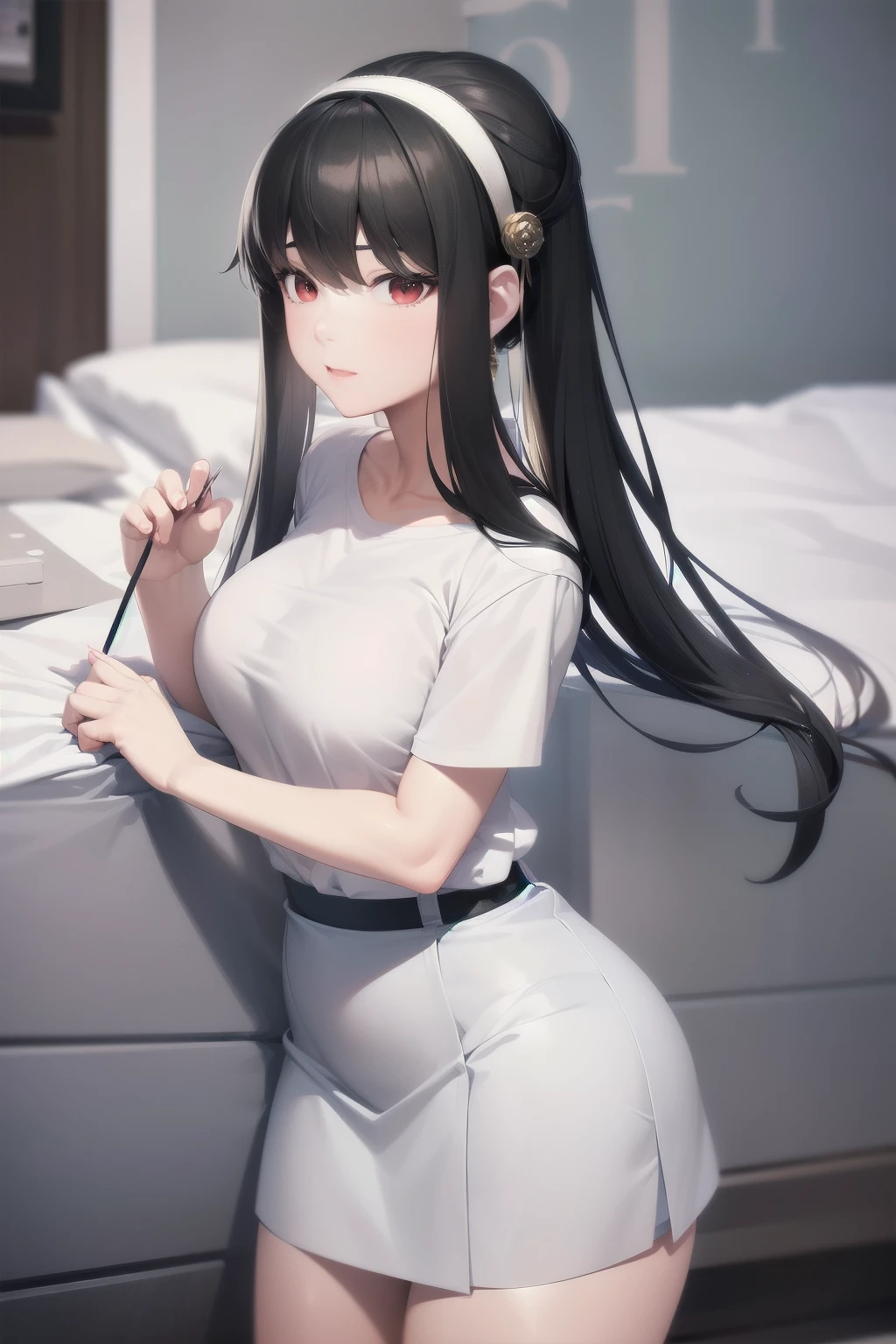 high quality, 4k, within, Close-up portrait of black-haired woman wearing white shirt and light blue skirt, photorealistic render of anime girl, 3D cute anime girl render, April performance, Anime VTuber Full Body Model, full body xianxia, live2d virtual youtuber template, soft anime cg art, Realistic Portrait Full Body 3D Realistic Anime Style, photorealistic full body