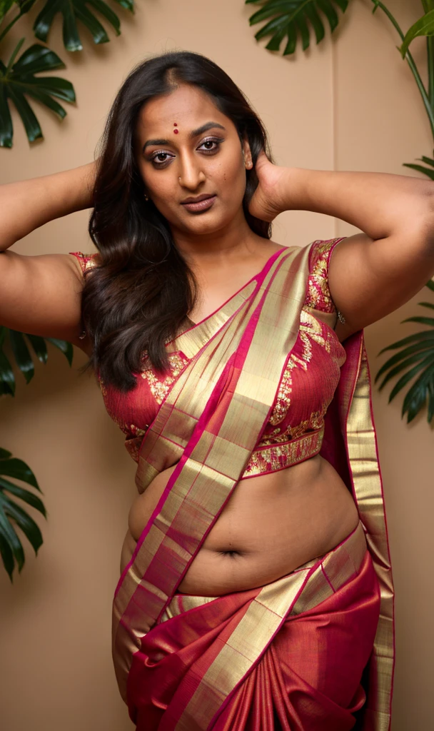 Foto RAW, photorealistic, photography, full body shot, master shot, perfect eyes, goddess like beauty, pierced eyes, perfect thick chubby mallu Desi aunty bhabhi, Wearing a Stanapatta, a chest-band.Saree model, model Photography, Indian saree shoot, Indian traditional wear advertising photography, traditional wear brand shoot, face of Indian actress Sonakshi Sinha, masterpiece, realistic, realism, incredible details, pleasure, photorealism, detailed skin, skin pores, high contrast, photorealistic Artstation 8k HD digital art trend of high definition and detailed realistic skin texture, ultra detail, realistic skin texture, armature, best quality, ultra high definition, (photorealistic:1.4),, high resolution, detail, raw photo, sweat, Re sharp, by Lee Jefferies Nikon D850 Film Stock Photo 4 Kodak Portra 400 Camera F1.6 Lens Rich Color Ultra Real Realistic Realistic Textures Dramatic Lighting Unreal Engine Trending at Art Station Cinestill 800,(pele altamente detalhada: 1.2), 8k UHD, DSLR, soft-lighting, alta qualidade, grain of film, Fujifilm XT3,she didn't like to wear blouse or bra, she is happy to wear only saree, she hates blouse or bra, detailed hairy armpits, hyper realistic skin, skin pores, sweat, veins,