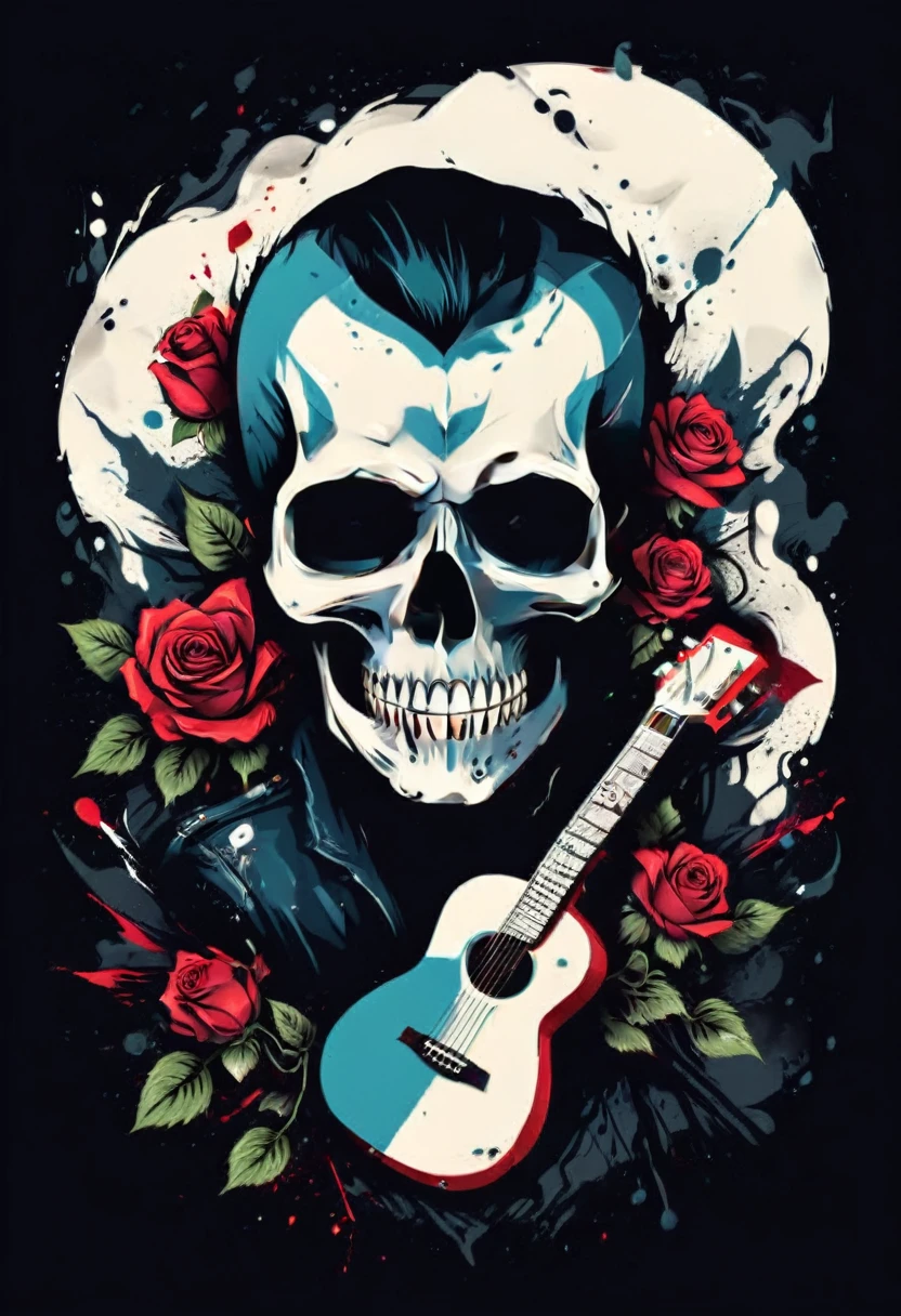 Design do logotipo da a skull with a guitar and roses on it with a banner, a tattoo by Bob Singer, tumblr, under art, skull design for a rock band, punk , close up guns and roses, rockabilly, colored illustration for tattoo, rockabilly style, style of hydro74, heavy metal tshirt design, heavy metal art style, sailor jerry tattoo flash, punk art, t shirt design,robust style,just design,White background,no model,proffesional,hight contrast,high resolution,ultra detali,bright coloured,metallic details,sharp focus,Jumpy,dynamic composition,gritty texture,rough brushstrokes,Mechanical elements,Chrome Effect,classic typography,retro style,distressed look,aggressive lines and curves,3D rendering,impressive visual impact,dark shadows,strong brand presence,monochrome palette,Industrial aesthetics