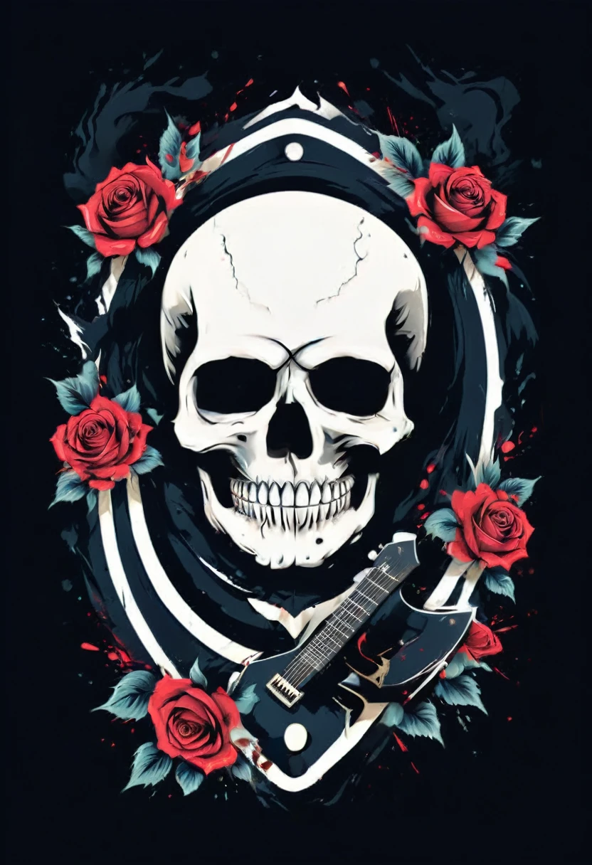 Design do logotipo da a skull with a guitar and roses on it with a banner, a tattoo by Bob Singer, tumblr, under art, skull design for a rock band, punk , close up guns and roses, rockabilly, colored illustration for tattoo, rockabilly style, style of hydro74, heavy metal tshirt design, heavy metal art style, sailor jerry tattoo flash, punk art, t shirt design,robust style,just design,White background,no model,proffesional,hight contrast,high resolution,ultra detali,bright coloured,metallic details,sharp focus,Jumpy,dynamic composition,gritty texture,rough brushstrokes,Mechanical elements,Chrome Effect,classic typography,retro style,distressed look,aggressive lines and curves,3D rendering,impressive visual impact,dark shadows,strong brand presence,monochrome palette,Industrial aesthetics