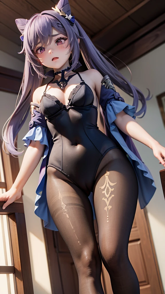 1girl, from below, looking down, pussy, scared, ((hourglass figure)), ((black lingerie))