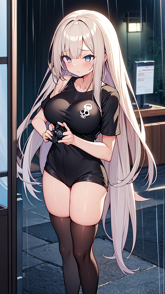 Full body image, front, One girl, 18-year-old, Mix 4, (32K, RAW Photos, Highest quality, masterpiece:1.2), (Anime-like, photoAnime-like:1.37), cute, Short sleeve T-shirt,Shorts,Black knee socks, night, rain, Humidity, Professional Lighting, Photon Mapping, Radio City, Physically Based Rendering, Super Resolution, (Big Breasts:1.2), {{The biological weapon that had preyed on the younger sister took her place and reunited with the older brother, The rebellious little sister has become the obedient little sister}}, Girl Skull, whole body, NSFW