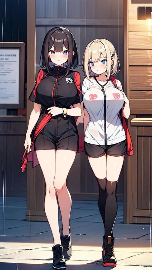 Full body image, front, One girl, 18-year-old, Mix 4, (32K, RAW Photos, Highest quality, masterpiece:1.2), (Anime-like, photoAnime-like:1.37), cute, Short sleeve T-shirt,Shorts,Black knee socks, night, rain, Humidity, Professional Lighting, Photon Mapping, Radio City, Physically Based Rendering, Super Resolution, (Big Breasts:1.2), {{The biological weapon that had preyed on the younger sister took her place and reunited with the older brother, The rebellious little sister has become the obedient little sister}}, Girl Skull, whole body, NSFW