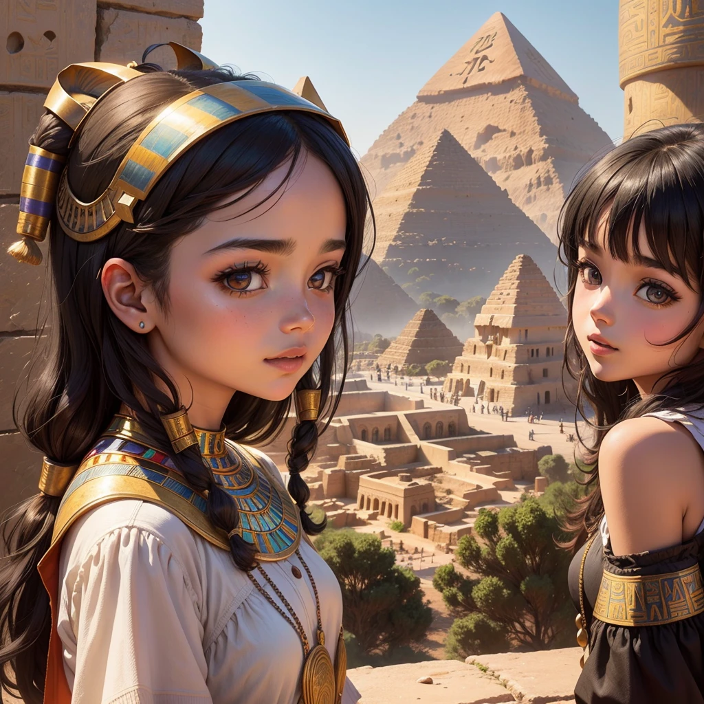 Cute Ancient Egyptian Girl、A hill overlooking the colorful temples of ancient Egypt、A colorful view of the whole city