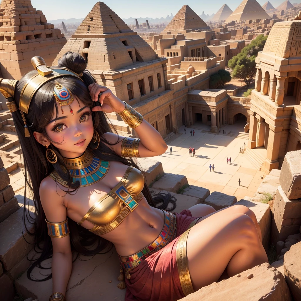 Cute Ancient Egyptian Girl、A hill overlooking the colorful temples of ancient Egypt、A colorful view of the whole city