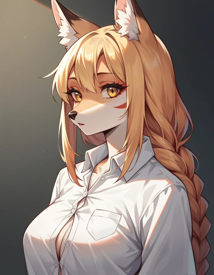score_9,score_8_up,score_7_up, source_furry, Kimiko, yellow anthro fox girl, long blonde hair, single braided hair, yellow eyes, , wearing white button up shirt, black shirt