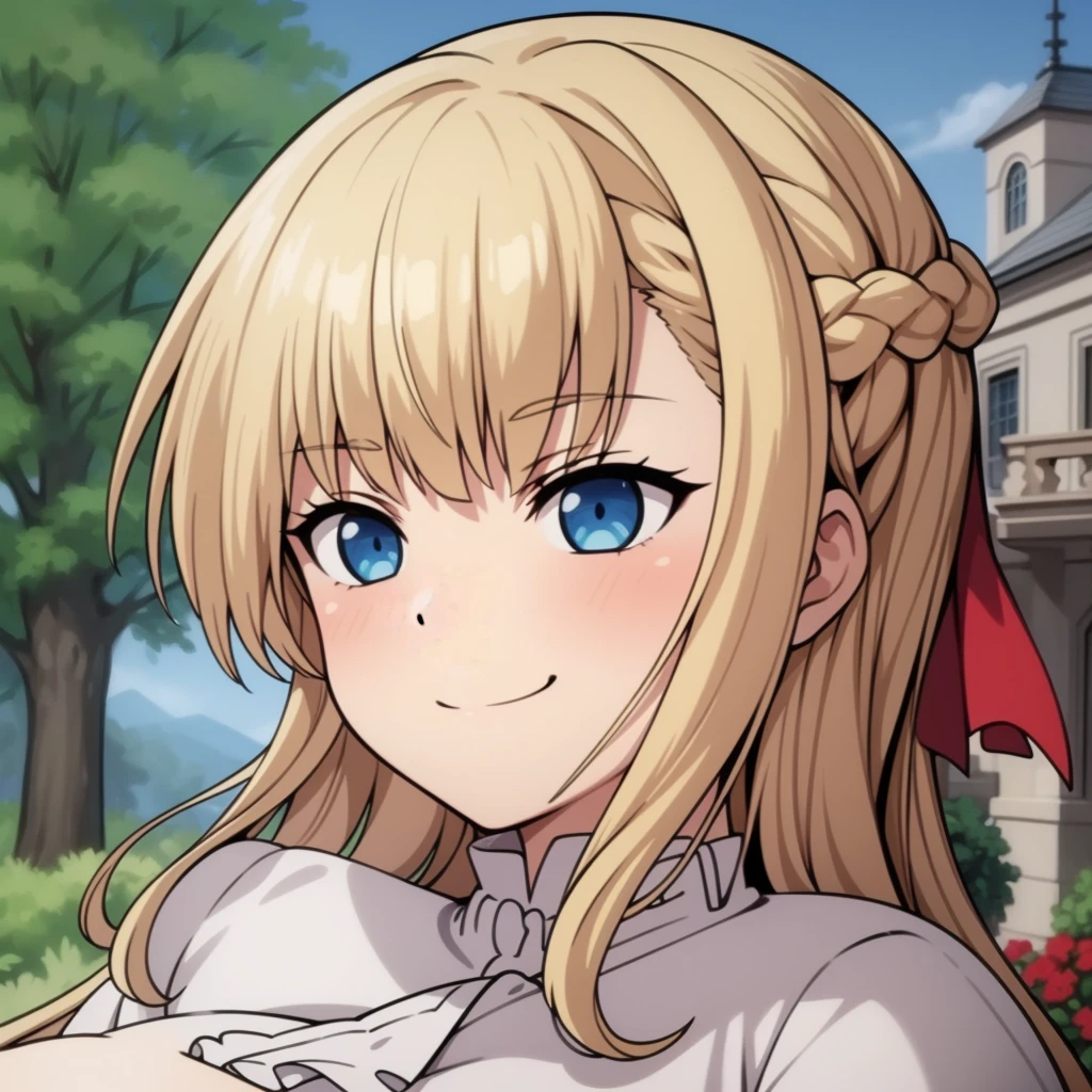 high quality, masterpiece. Blue eyes. blonde hair. braid. tricky glance. evil smile. haughty face. Hand on cheek. white elegant blouse. Against the background of a beige manor with a garden.
