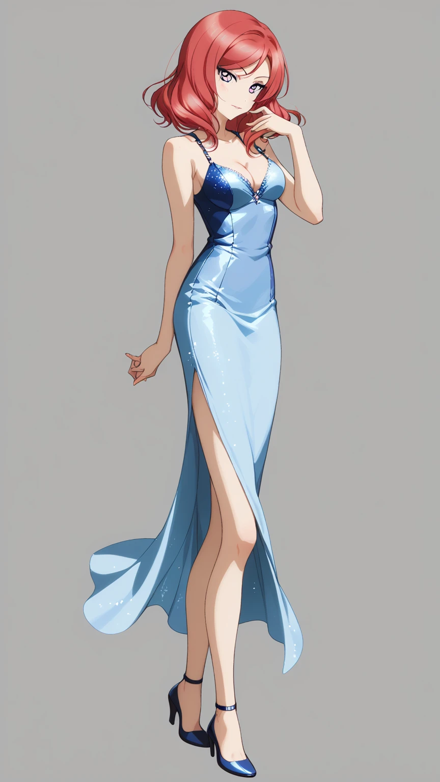 masterpiece, best quality,solo,nishikino maki,red hair, purple eyes,form-fitting light blue dress , simple background , medium breasts ,full body