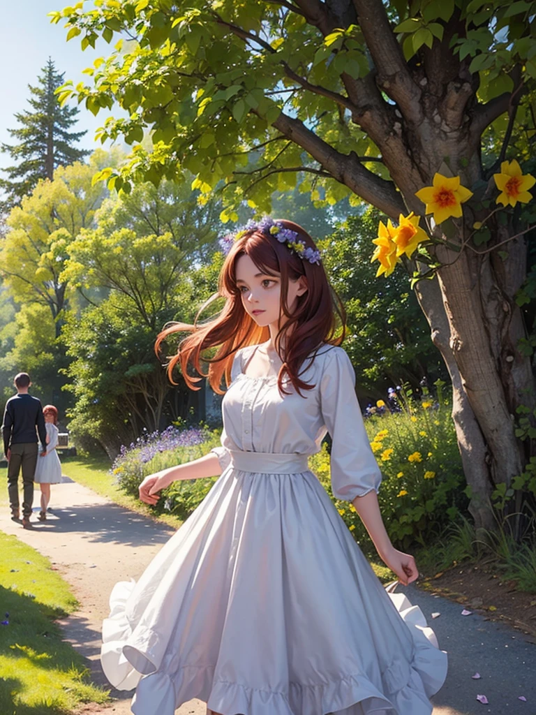 A girl walking with a boy ,The girl has reddish hair and light green eyes , the boy brown hair and amber eyes,the place around them is beautiful, hay sauces,Firs,pine trees along the way,gesture of an upholstered candle holder full of violets,daffodils and roses 