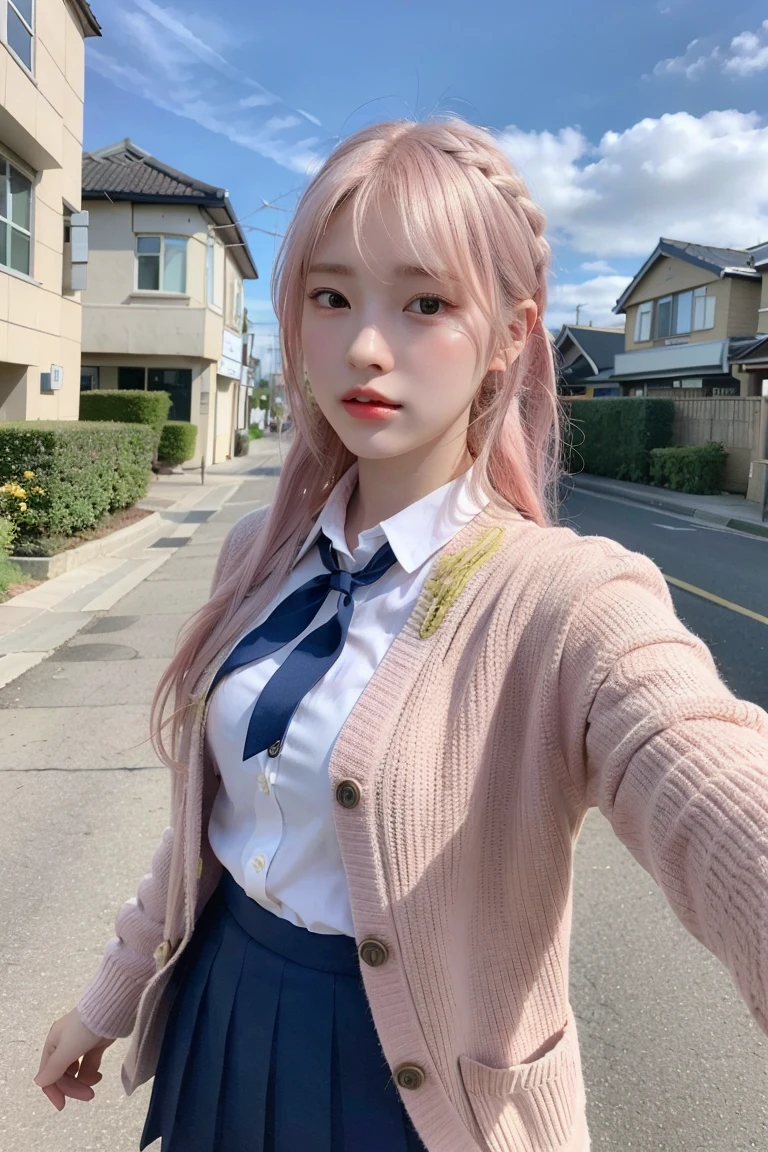 RAW Photos,(8k)、(Highest quality:1.2)、(Realistic)、(Realistic:1.37)、Ultra-high resolution、Selfieしてるschool uniformの女子高生の写真、Selfie、(school uniform)、(1 female、Half Korean and half Ukrainian、80% Korean、、(Light pink hair that is almost blonde 1.4))、Wearing a 、Braiding hair、A young woman wearing a cardigan walks down a suburban street。She has a bright and attractive look。In the background are houses and utility poles.、The slightly cloudy sky creates a soft and calm atmosphere.。