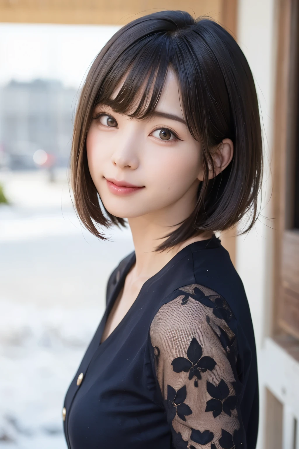 (masterpiece, Highest quality),One Girl, alone, hyper Realistic, Realistic,Realistic, Looking at the audience, Light brown eyes:1.4,Brunette Short Bob Hair with highly detailed shiny hair, Brightly colored winter clothes, Lepangas:1.4), Plein Air, Mouth closed, Upper Body、big chest eye、eyelash、{Hugeな|big chest|Hugeなな|Mega} chest:2, chestの谷間:2、{Huge|big|Hugeな|Mega} chest, chestの谷間、(((big chest eye、Short Bob Hair、Student Highlights、Gazing at the audience、She is very beautiful and cute、Listen carefully、Long neck、smile、Close your mouth and smile、Bangs and beautiful teeth、Perfect Anatomy)))、Ideal body type、(Snowy tree-lined road in winter in Norway)、美しいLong neck:1.4、