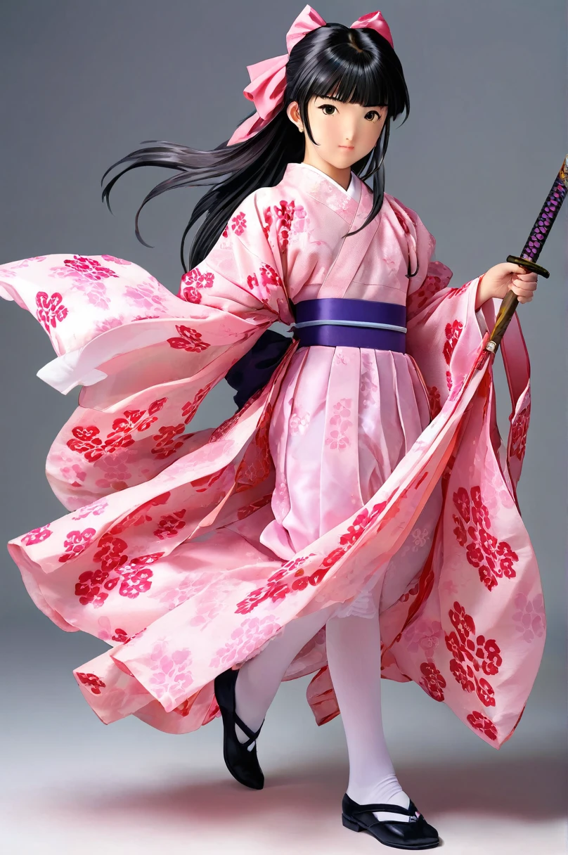 10 year old girl underwear, sakura shinguuji、Realistic bloomers made from patterned cotton fabric, Kimono and Hakama, Fabric Realism, Low Angle, I see bloomers, Pull up the dress by hand, Strong winds, Translucent slip, Translucent slip, tights, Highest quality, whole body、Black Hair、Holding a sword、Big ribbon in hair
