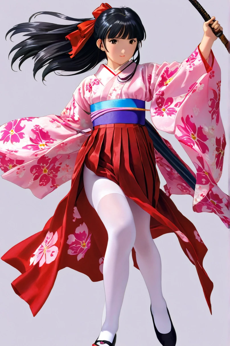 10 year old girl underwear, sakura shinguuji、Realistic bloomers made from patterned cotton fabric, Kimono and Hakama, Fabric Realism, Low Angle, I see bloomers, Pull up the dress by hand, Strong winds, Translucent slip, Translucent slip, tights, Highest quality, whole body、Black Hair、Holding a sword、Big ribbon in hair