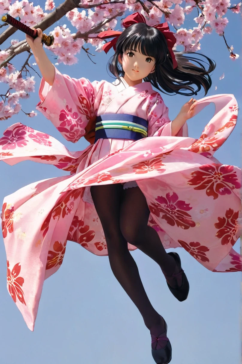 10 year old girl underwear, sakura shinguuji、Realistic bloomers made from patterned cotton fabric, Kimono and Hakama, Fabric Realism, Low Angle, I see bloomers, Pull up the dress by hand, Strong winds, Translucent slip, Translucent slip, tights, Highest quality,  whole body、Black Hair、Holding a sword、Big ribbon in hair
