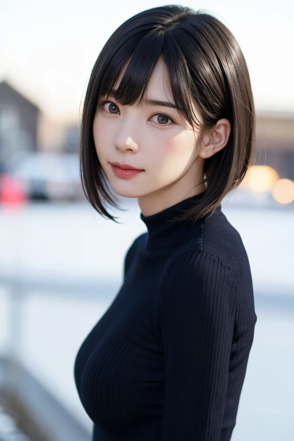 (masterpiece, Highest quality),One Girl, alone, hyper Realistic, Realistic,Realistic, Looking at the audience, Light brown eyes:1.4,Brunette Short Bob Hair with highly detailed shiny hair, Brightly colored winter clothes, Lepangas:1.4), Plein Air, Mouth closed, Upper Body、big chest eye、eyelash、{hugeな|big chest|hugeなな|Mega} chest:2, chestの谷間:2、{huge|big|hugeな|Mega} chest, chestの谷間、(((big chest eye、Short Bob Hair、Student Highlights、Gazing at the audience、She is very beautiful and cute、Listen carefully、Long neck、smile、Close your mouth and smile、Bangs and beautiful teeth、Perfect Anatomy)))、Ideal body type、(Snowy tree-lined road in winter in Norway)、美しいLong neck:1.4、