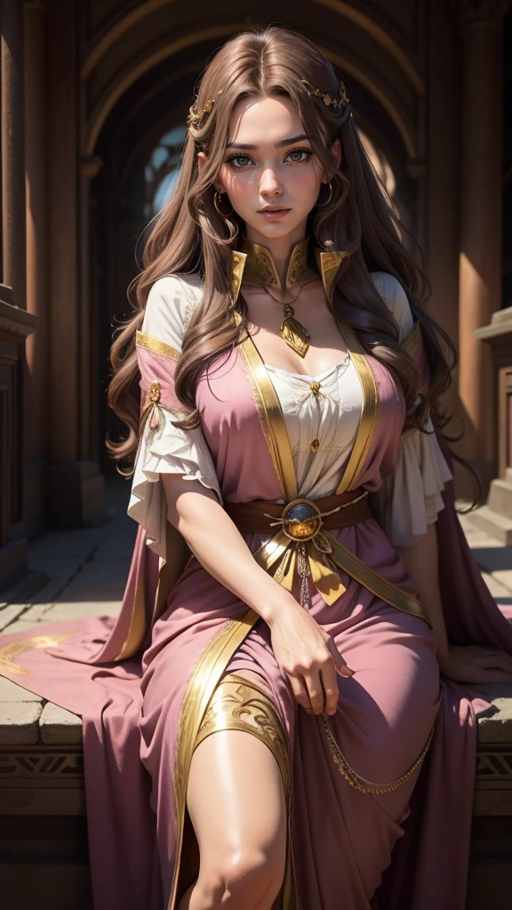 medieval fantasy, priestess in her late 40s, warm and welcoming presence, long wavy ((brown hairs)), pink and gold (ribbons), gentle green eyes, fair skin bears the soft lines of age and wisdom, flowing pink and gold robes, gold pendant, in a temple