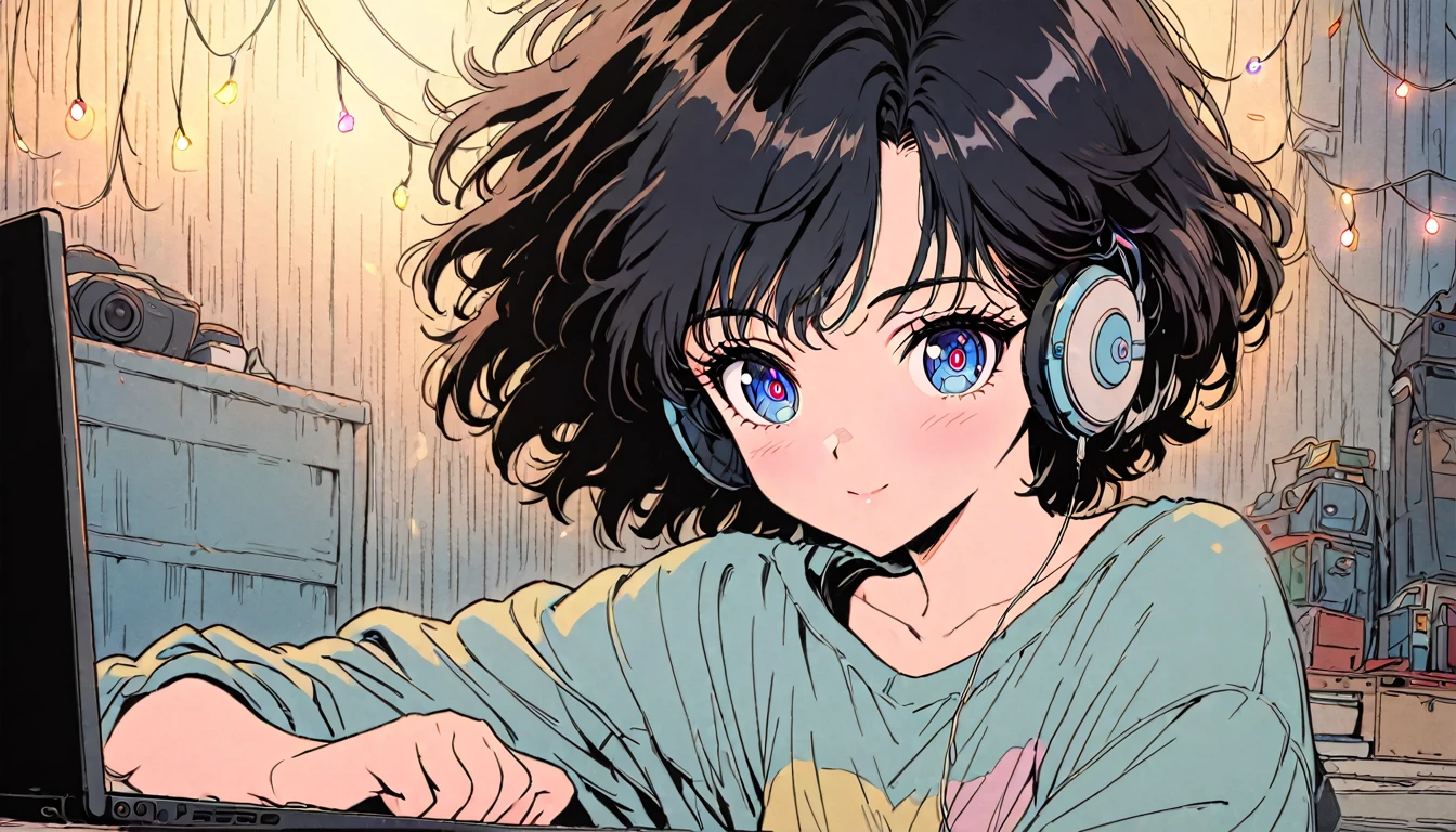 Beautiful 1girl, solo, gentle smile on her face flat chest, short hair, black hair, blue eyes, (detailed eyes), 8k photo portrait of a cool woman wearing headphones and pastel sweatshirt , working on laptop , Sitting on bed in big cozy messy room with many string lights at night , very detailed , Studio Ghibli , akira toriyama , Thiago Gillard , Impacto Genshin , The pixiv fan box is hot these days , acrylic palette knife , 4K , vivid colors , Shooting from a distance