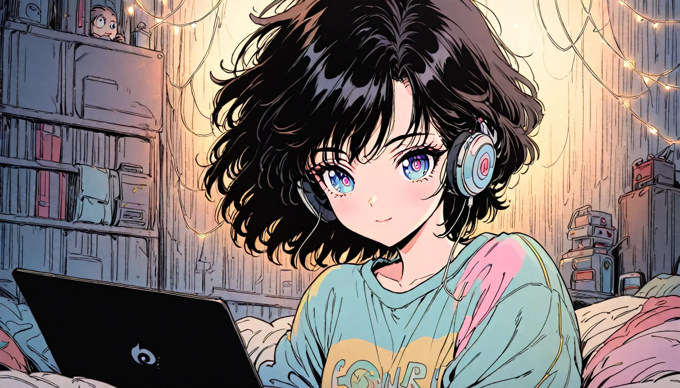 Beautiful 1girl, solo, gentle smile on her face flat chest, short hair, black hair, blue eyes, (detailed eyes), 8k photo portrait of a cool woman wearing headphones and pastel sweatshirt , working on laptop , Sitting on bed in big cozy messy room with many string lights at night , very detailed , Studio Ghibli , akira toriyama , Thiago Gillard , Impacto Genshin , The pixiv fan box is hot these days , acrylic palette knife , 4K , vivid colors , Shooting from a distance