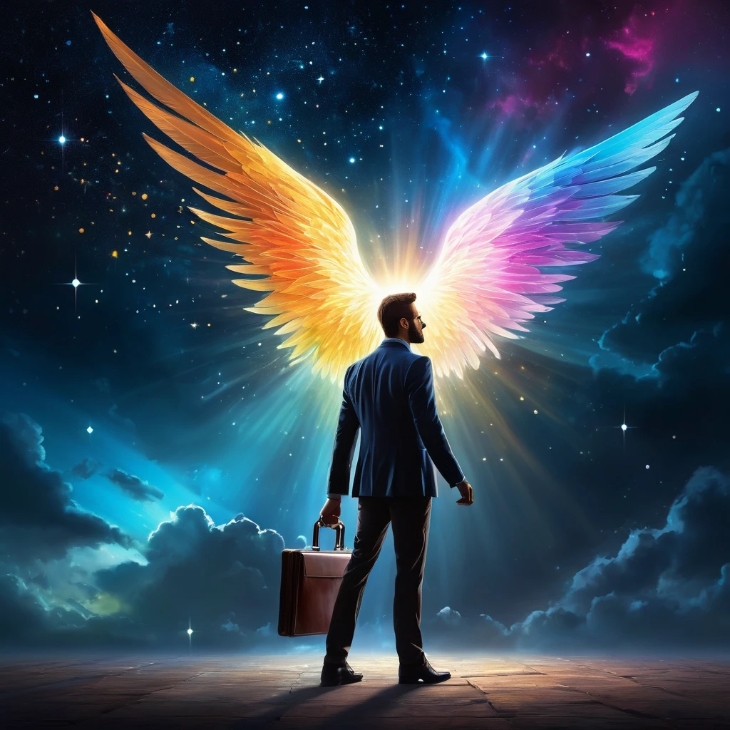 digital painting, a man on the left side wearing modern clothes, holding a briefcase, reaching out towards a glowing figure on the right side, the glowing figure is ethereal, with wings made of light, they are separated by a barrier of light, left side of the image is dark and cloudy, right side is bright and full of stars, intense colors, dynamic composition, contrast between the two sides, mystical and surreal atmosphere, high detail, perfect lighting, (masterpiece: 2), best quality, ultra highres, original, extremely detailed, perfect lighting