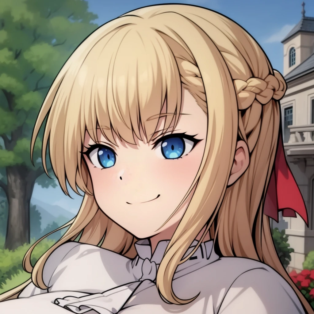 high quality, masterpiece. Blue eyes. blonde hair. braid. tricky glance. evil smile. haughty face. Hand on cheek. white elegant blouse. Against the background of a beige manor with a garden.