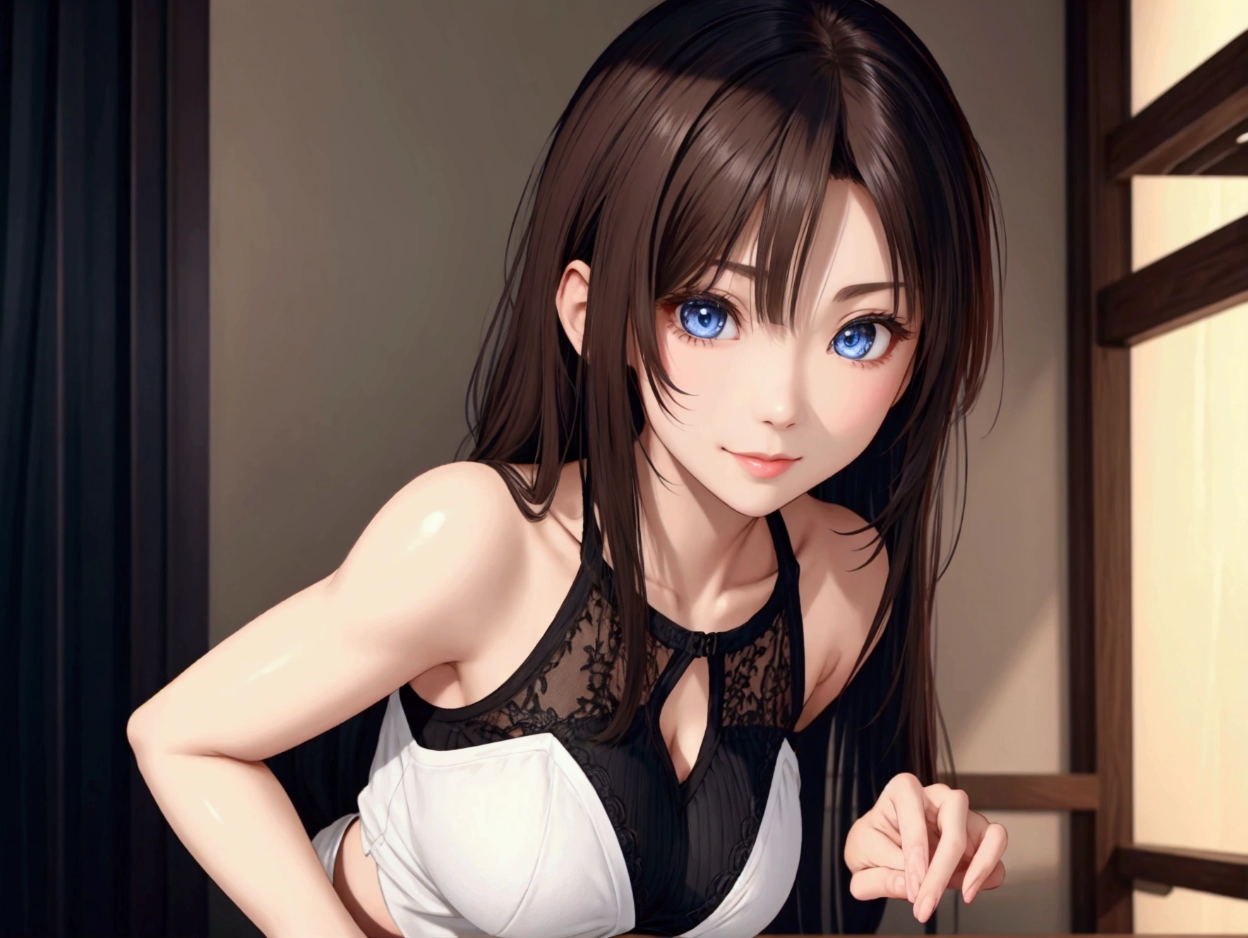 One Japanese woman、gravure、whole body投影、About beautiful skin、
Eye color is vermilion。
Big eyes、Long eyelashes。
Thin eyebrows。　Perfect Skin、Perfect Eyes、Perfect Nose、Perfect Mouth、Small face、Cute smile Hair a little longer than shoulder length、
Silver Hair。
She has accessories in her hair.。
Narrow shoulders、height: 155cm。
F cup breasts。
low muscle mass、About the clothes of beautiful girls with a little flesh、
Top is cold shoulder、
Pleated mini skirt underneath、
She is wearing black underwear and pantyhose, But her underwear is faintly visible.。
Wearing brown sandals。
 8k, RAW Photos, Highest quality, masterpiece:1.2, Realistic, photo-Realistic:1.37, Highest quality, Ultra-high resolution, nfsw backlight, Light leakage, Dynamic Lighting, slim, Smooth Skin,  (Pure Eros Face_v1:1),, (Beautiful attention to detail:1),(Beautifully detailed face:1),(Free Buff:1.2), Outdoor, Urzan-6500, whole body,from the front, Front view,  View your viewers