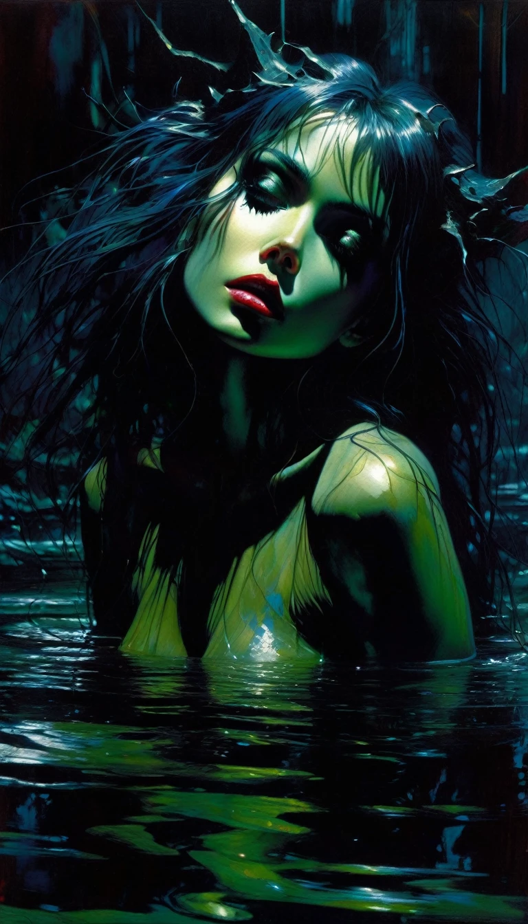 girl with long black hair, in the bathtub, covered with water, naked, sexy, erotic,, art inspired by Bill Sienkiewicz
