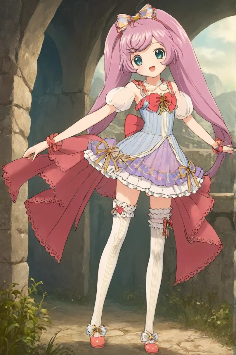10 year old girl underwear, Rare Manaka、Realistic bloomers made from patterned cotton fabric, Medieval one-piece dress with panniers, Fabric Realism, Low Angle, I see bloomers, Pull up the dress by hand, Strong winds, Translucent slip, Translucent slip, tights, Highest quality, whole body